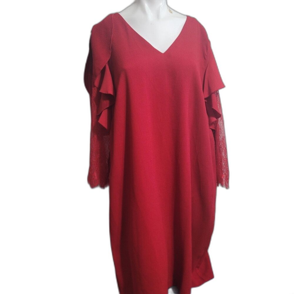 Eloquii size 16 Dress ruffle lace sheer flower pullover red v-neck longsleeve